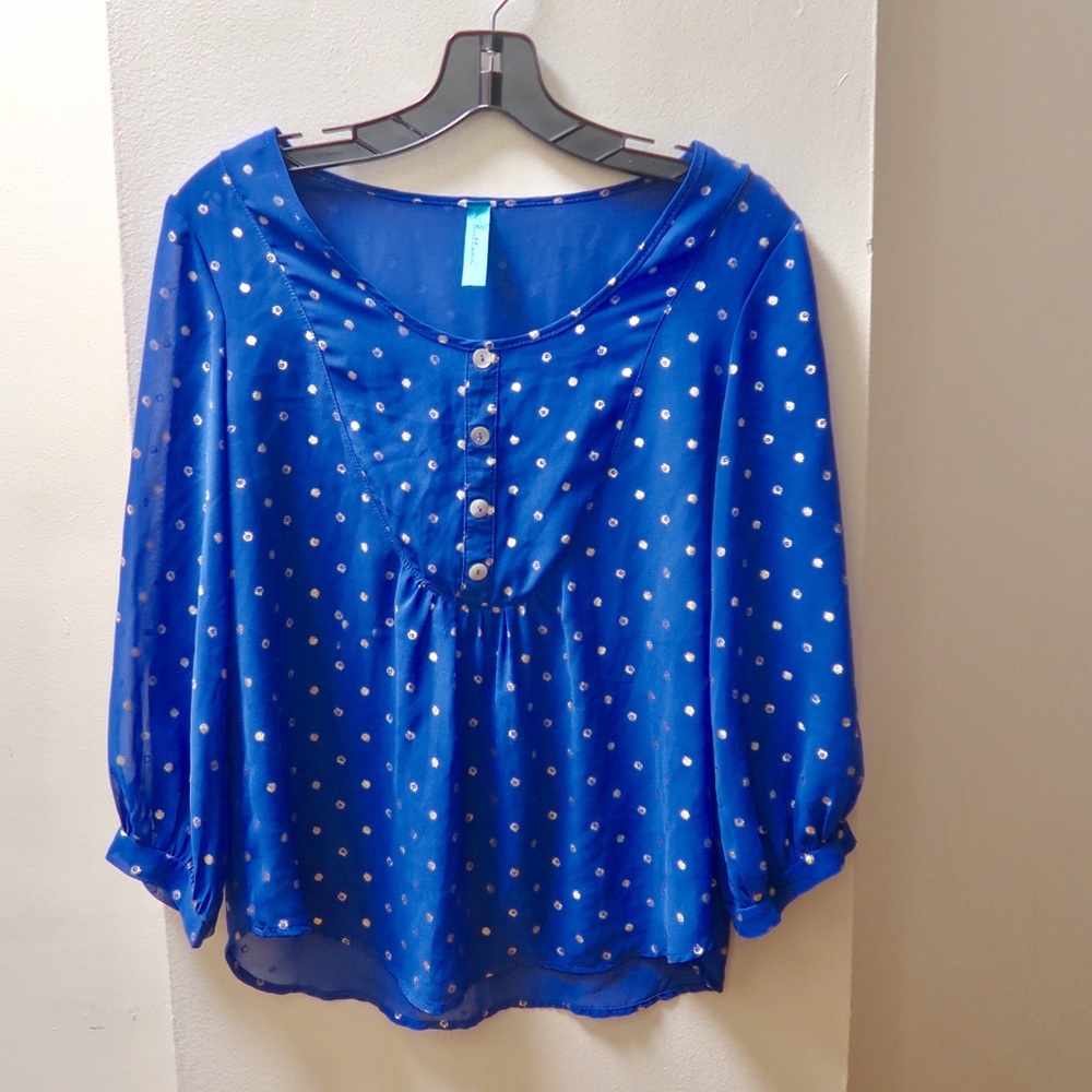 Sheer blue blouse with gold polka dots